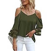 Jouica Womens Summer Cold Shoulder Tops Mesh Panel 3/4 Bell Sleeve Tees Adjustable Spaghetti Strap Loose Fit Shirts