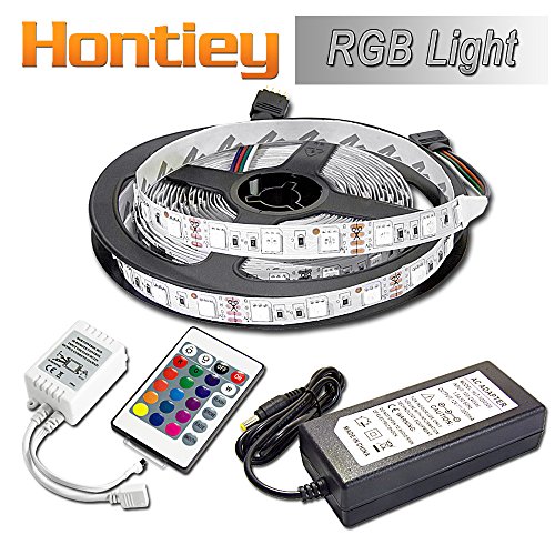 Hontiey 5M / 16.4 Ft Led Strip SMD 5050 Non-Waterproof 300 LEDs RGB Color Changing Kit + 24 Key IR Remote Control + Power Supply