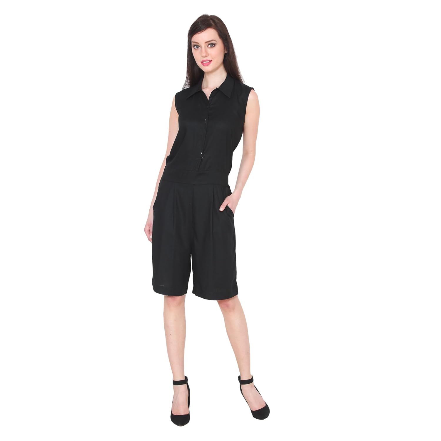 fabrizia plain solid collared sleeveless rayon jumpsuit for women