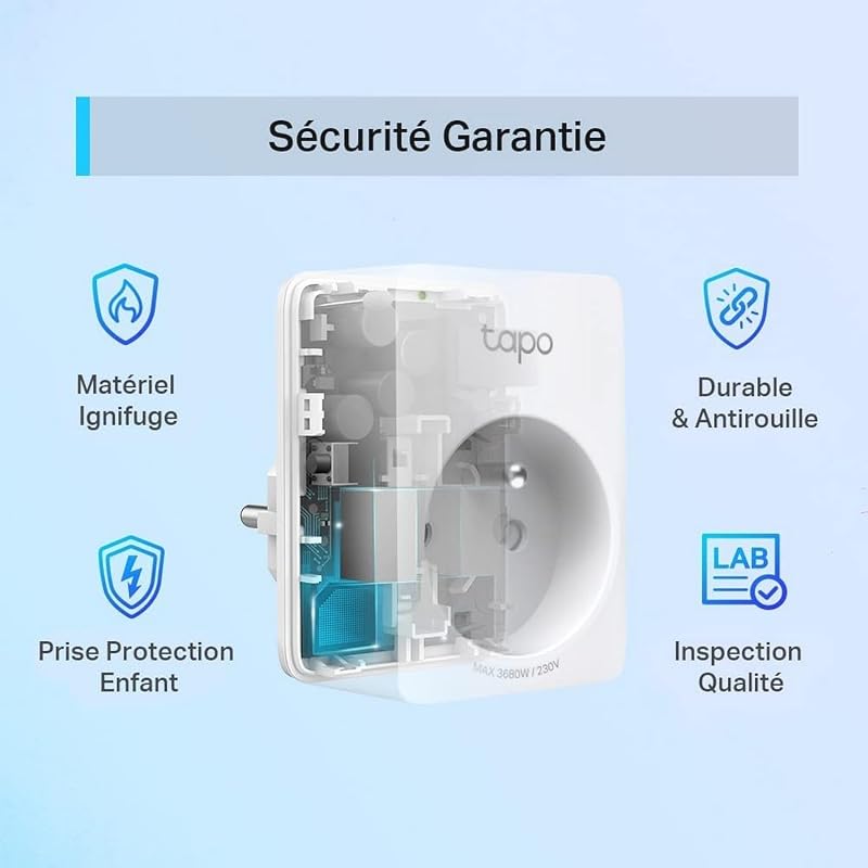 Prise Connectée WiFi, Prise Intelligente compatible avec Alexa et Google Home, 10A Type F, Contrôler le radiateur, la cafetière, la lampe à distance, aucun hub requis, Tapo P100(1-pack)