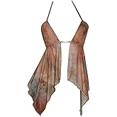 MakeMeChic Women's Summer Party Y2K Mesh Sheer Tie Dye Halter Cami Top Open Back Ruffle Crop Tops