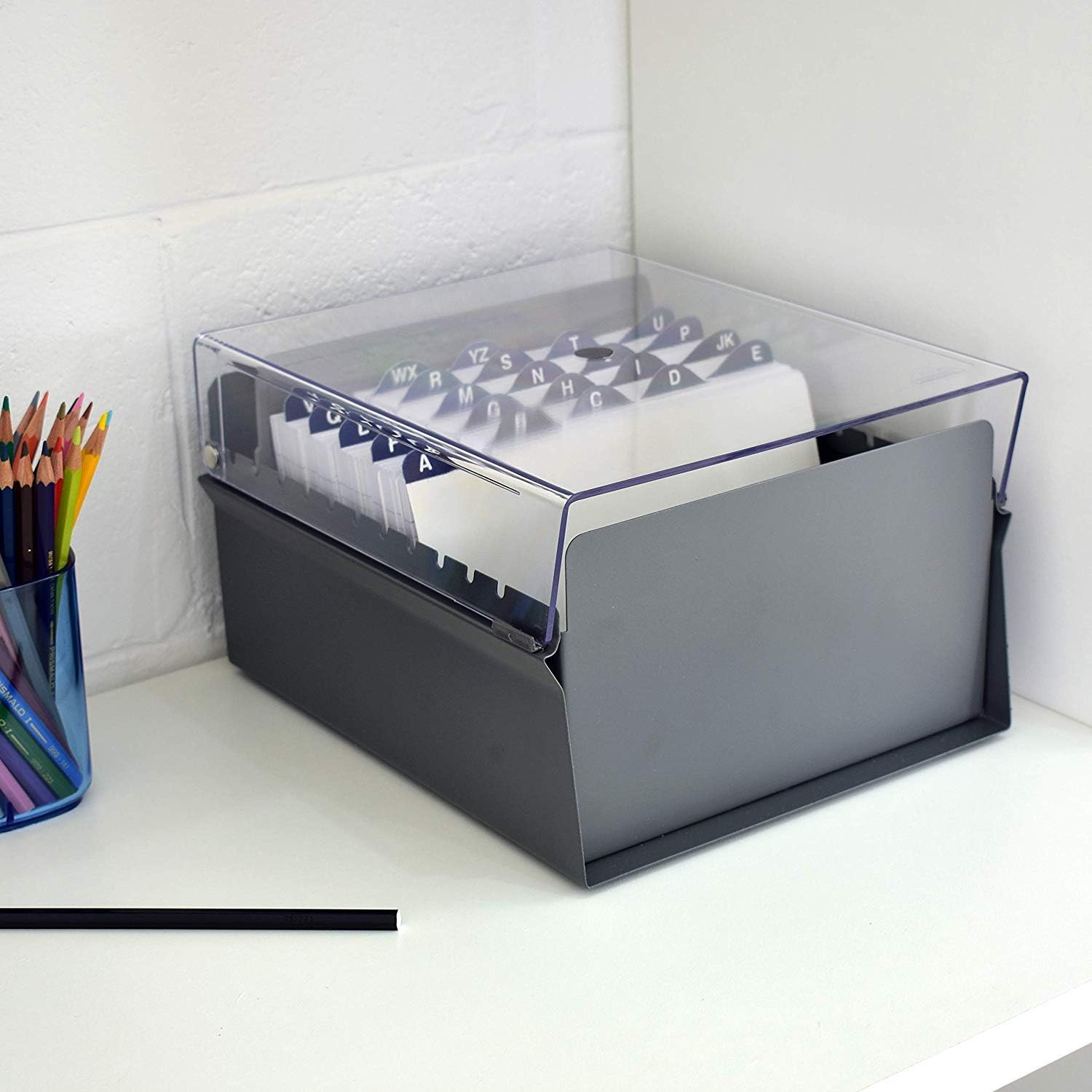 Acrimet 5'' X 8'' Card File Holder Organizer Box Metal Base Heavy Duty (AZ Index Cards 205mm Width x 138mm Height and Divider Included) (Gray Color with Clear Crystal Plastic Lid Cover) - Image 3