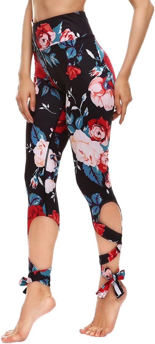 Womens Digital Print Bandage Tie Workout Capri Leggings Tights