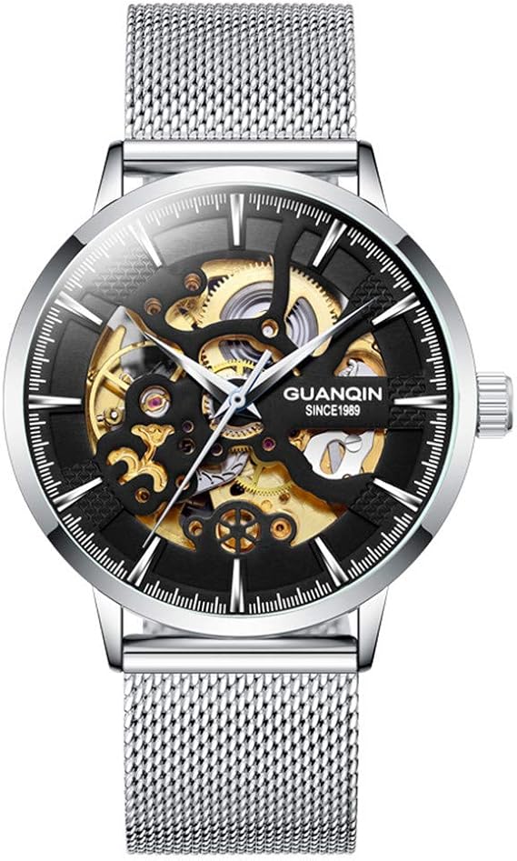 Amazon Guanqin スケルトン 腕時計 アナログ 自動巻き 機械式 ウォッチ メンズ 人気 ブランド ステンレススチール と レザー オス 時計 防水 シルバーブラックスチール メンズ腕時計 腕時計 通販