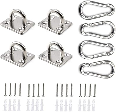 HOMPER 4 Pcs M5 304 Stainless Oblong Pad Eye Plate with 4 Carabiner Clips, 16