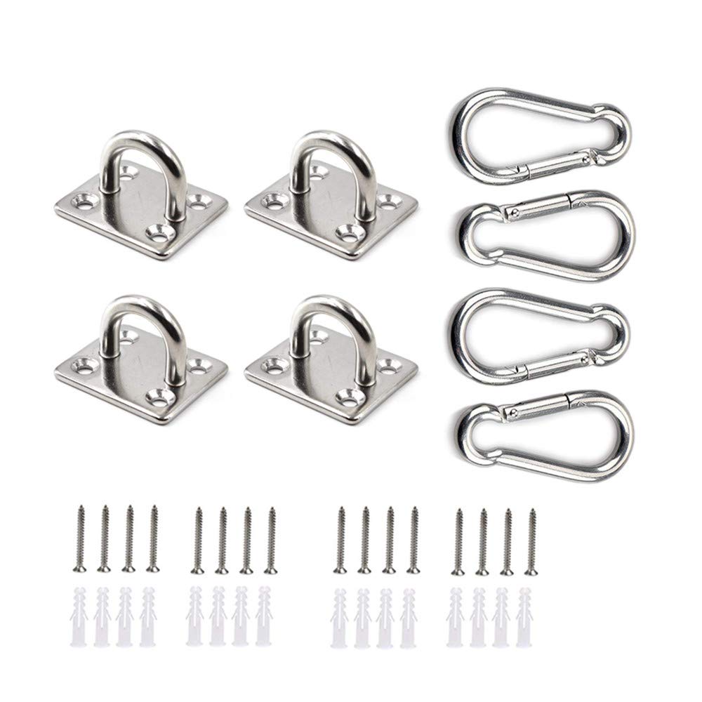 HOMPER 4Pcs M5 304 Stainless Steel Oblong Pad Eye Plate and 4Pcs Carabiner Clips, Marine Hardware Staple Hook Loop with 16 Screws and Plastic Plugs