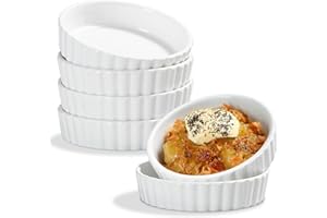ONEMORE Ramekins, Creme Brulee Ramekins 8 oz Oven Safe White Porcelain Small Baking Dishes for Individual Serving, Fluted Shallow Soufflé Dishes Quiche Dish Mini Tart Pans Sauce Ramekins Set of 6