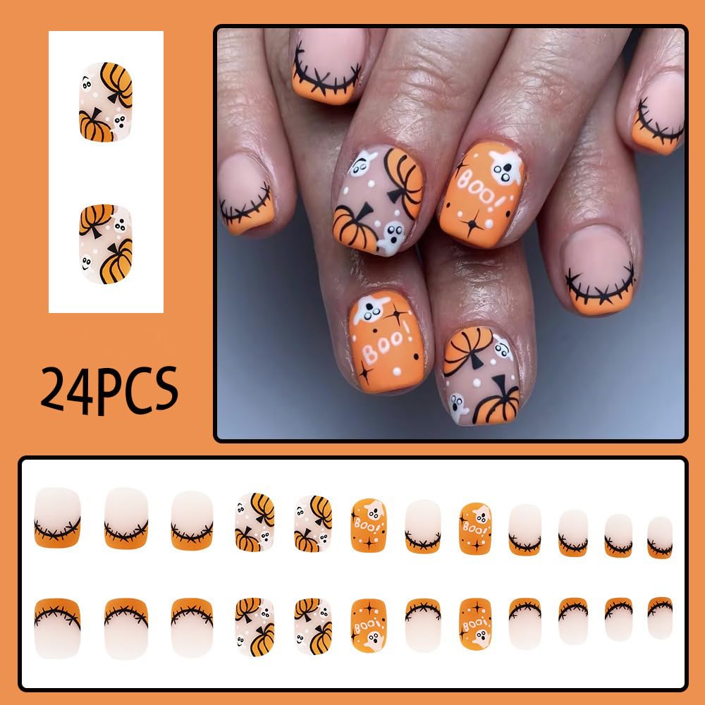 Short Square Press on Nails Halloween Pumpkin Fake Nails Orange French Tip Acrylic Nails Press on Matte False Nails with Ghost Patch Designs Glue on Nails Short Artificial Nails for Women 24PCS - Image 2