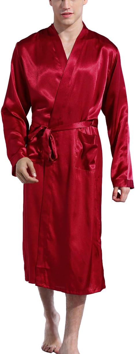 Mobarta Men's Satin Kimono Robe Long Bathrobe Lightweight Spa Bathrobes (Red, XX-Large)