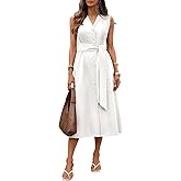 vinglam Women's Collared Shirt Dress V Neck Sleeveless Button Down Linen Midi Dresses with Belt
