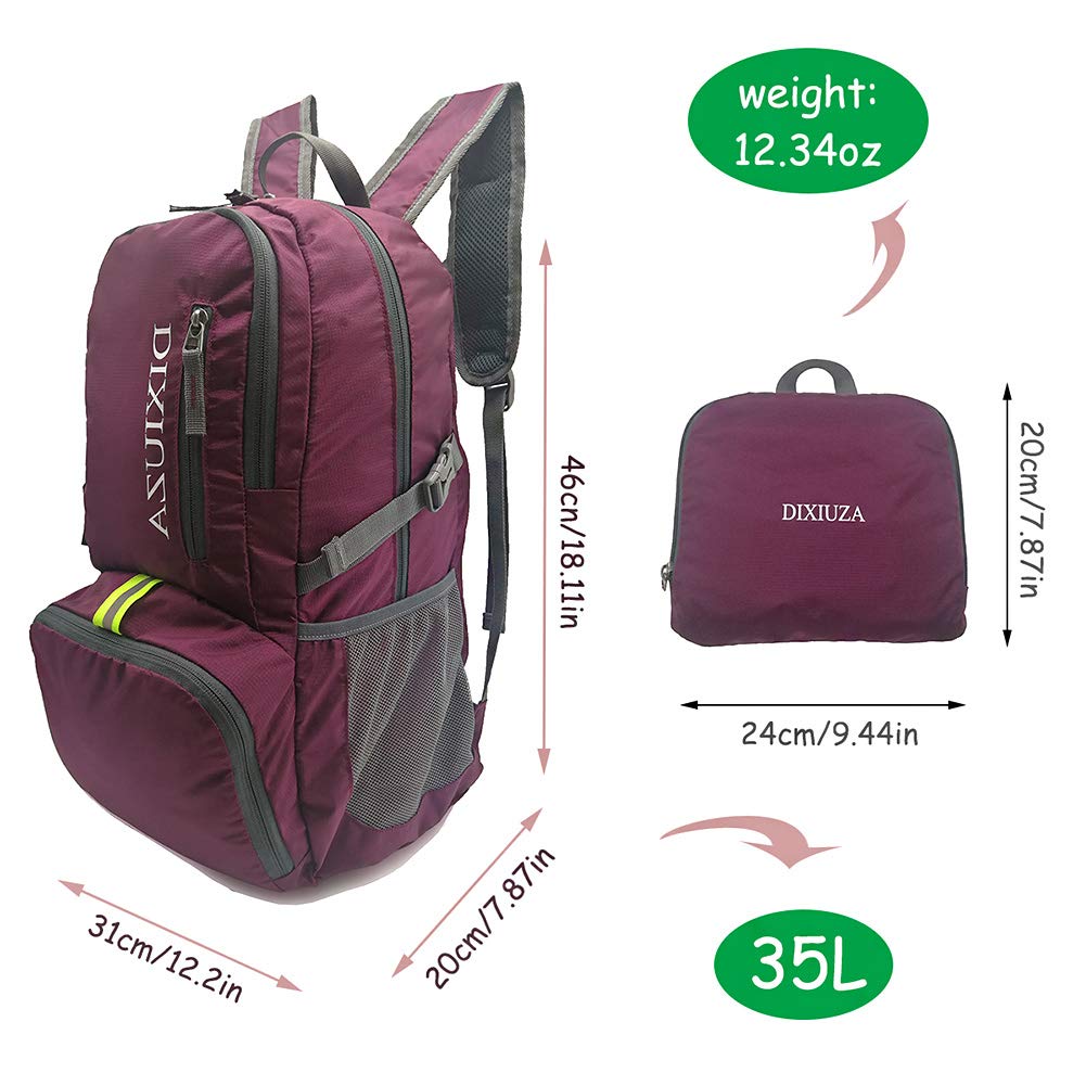 Lightweight Packable Backpack - DIXIUZA Water Resistant 35L Daypack for Travel, Cycling, Hiking, Camping, Beach, Outdoors