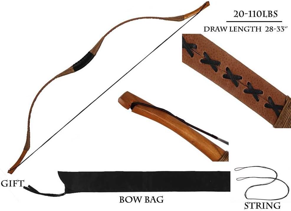 PG1ARCHERY Traditional Archery Recurve Bow Longbow Basic Handmade Pig Leather Horsebow Long Bow Left and Right Handed for Hunting Practice Target 20-110lbs