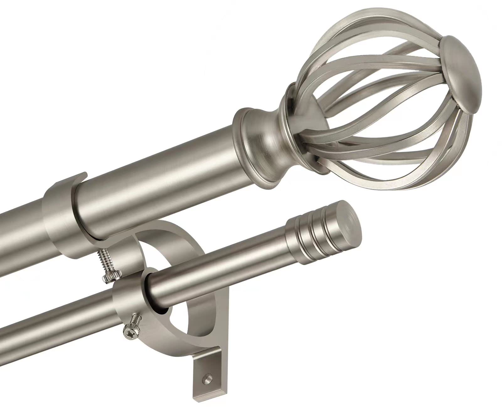 Photo 1 of **MISSING HANGING HOOKS AND HARDWARE. SCRAPES**Brushed Nickel Double Curtain Rods 72-144" - Decorative Double Curtain Rods with Round Cage & Barrel Finials, 1-Inch Front and 5/8 Inch Back Rod, Adjustable Double Drapery Rod