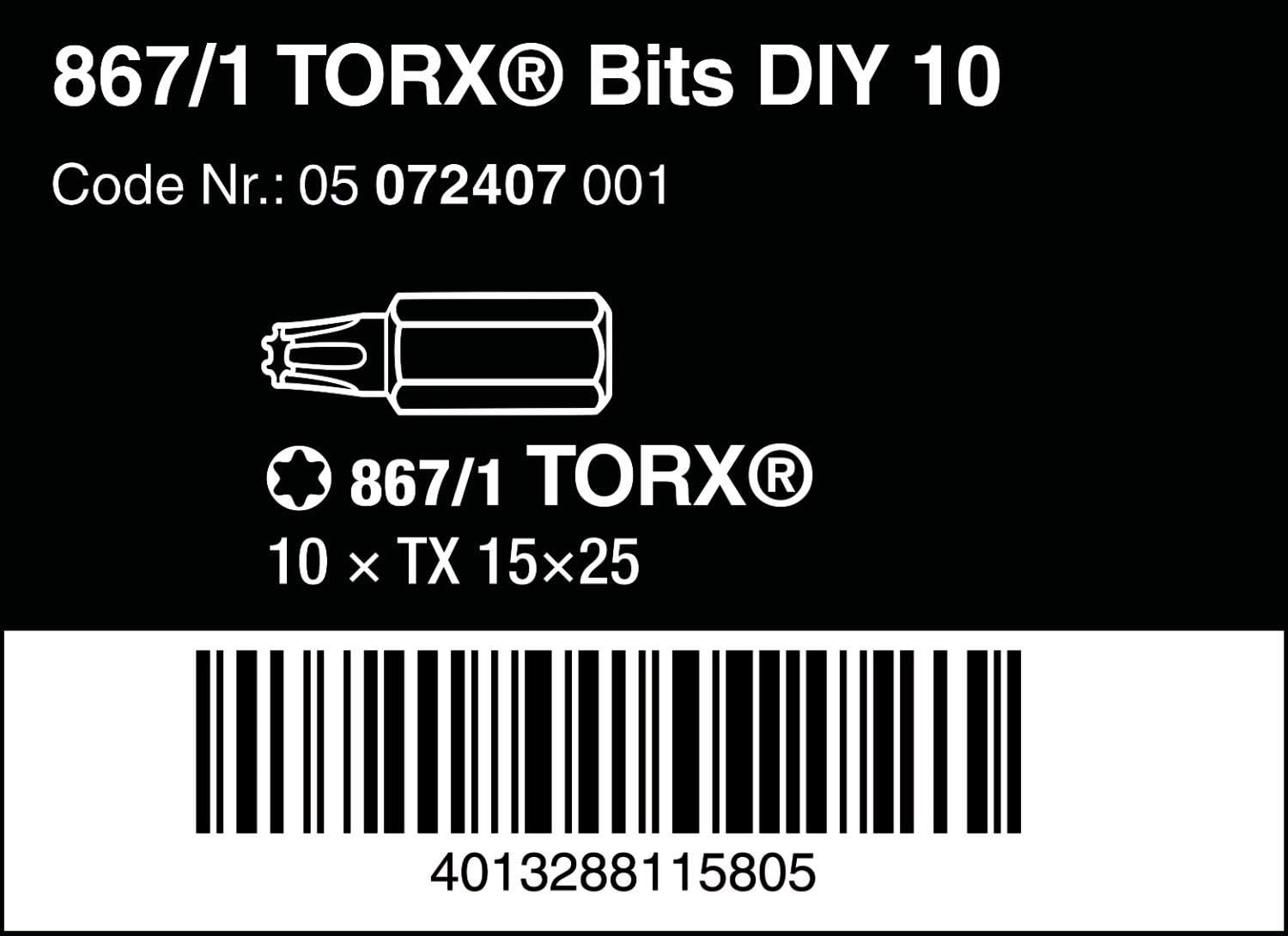 Wera 05072407001 Torx Extra-Tough Bits 867/1 Z TX15 x 25 mm, Pack of 10, Silver, Variety pack - Image 3