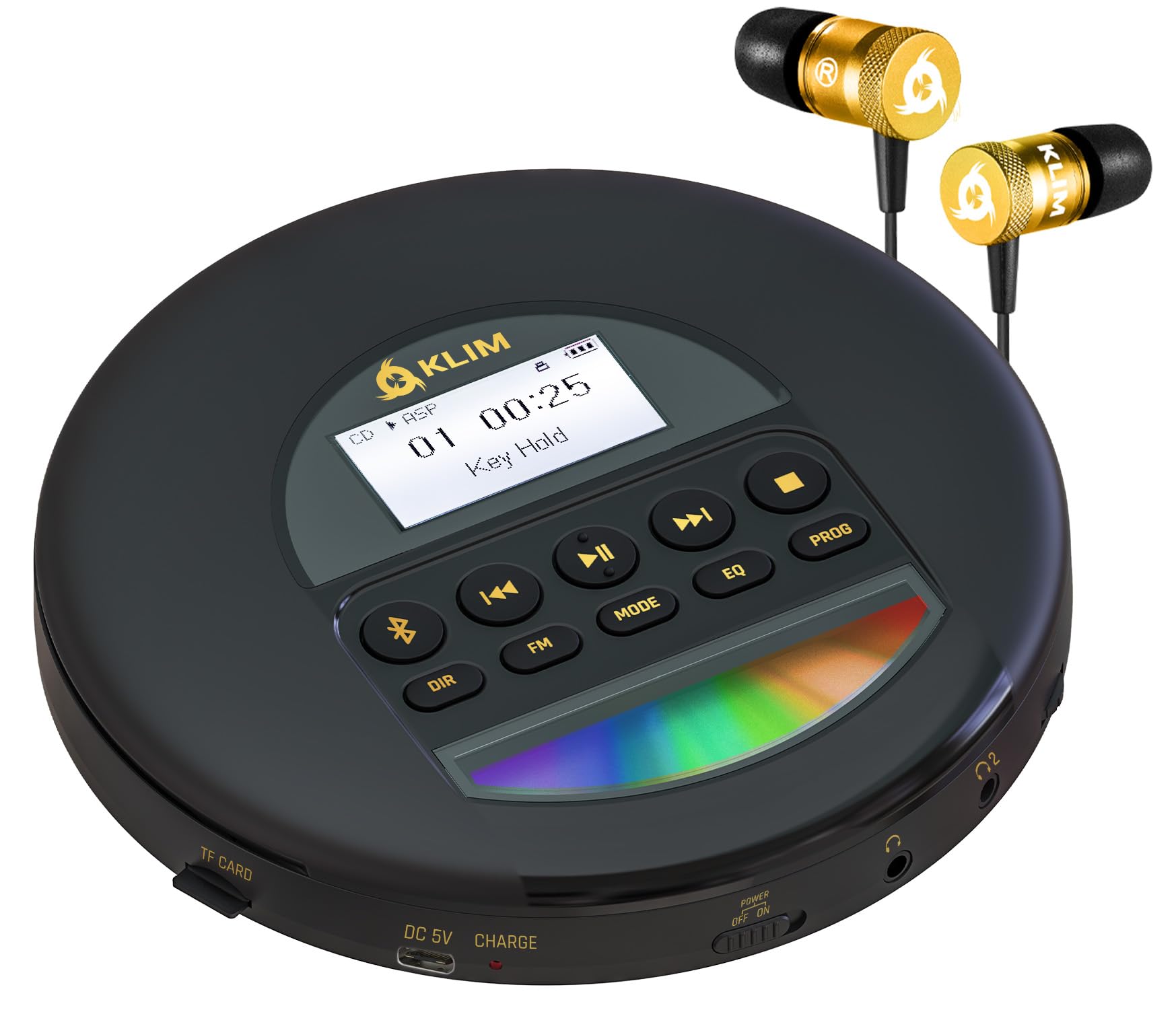 KLIM Nomad - Portable CD Player with Long-Lasting Battery - with Headphones - Radio FM - Compatible MP3 CD Player Portable - TF Card Radio FM Bluetooth - Ideal for Cars - Or
