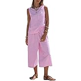 EXLURA Womens Summer 100% Cotton 2 Piece Outfits Striped Sleeveless Top Capri Wide Leg Pants Sets Faux Linen Beach Vacation