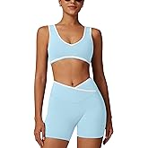 ABOCIW Workout Sets for Women Color Block Sports Bra Crossover Waist Shorts Gym Sets Woman Yoga Pilates Outfits Athletic Work Out Clothes Light Blue Large
