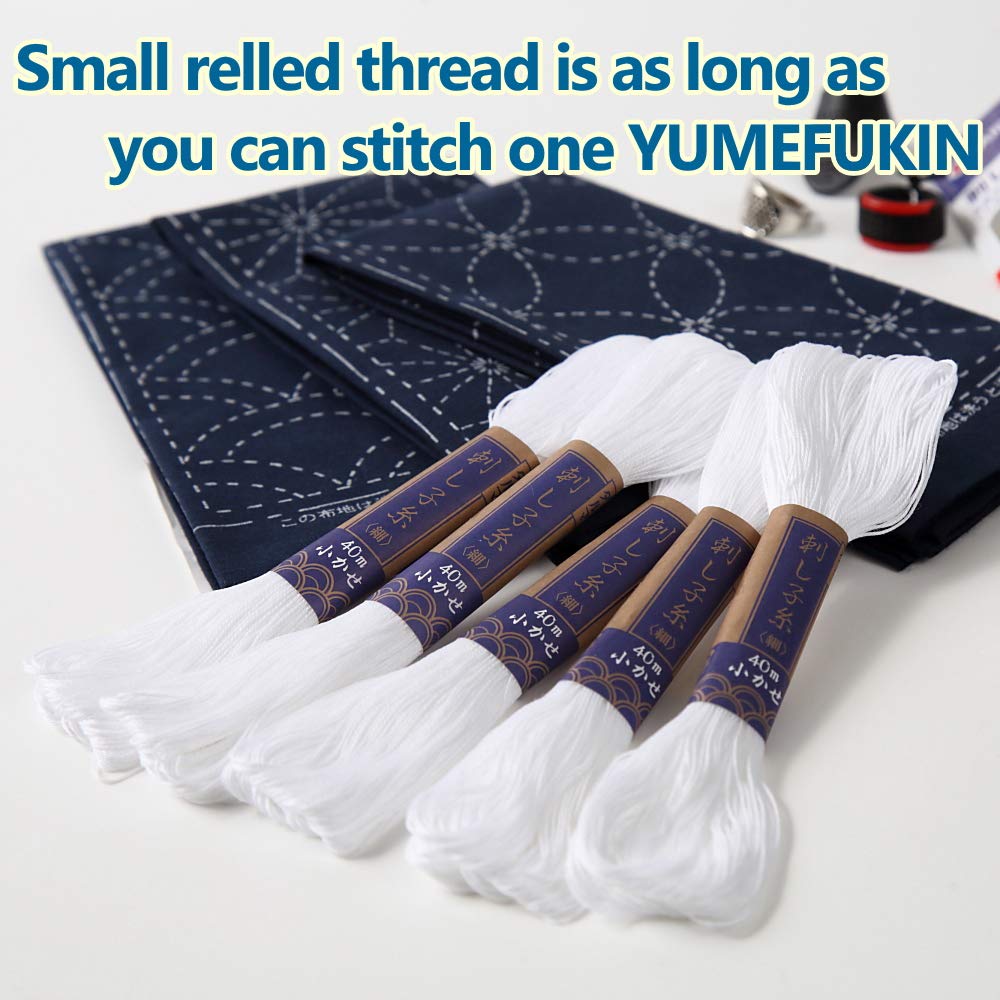 Sashiko kit, Yokota Sashiko Thread, Needles and Template Yume Fukin with Original English Manual, Thimble Sewing Set, Fabric, Japanese Textile (White Thread / Navy Dishcloth)