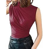 Avanova Women Fitted Sleeveless Ruched Tank Top Shirt Mock Turtleneck Blouses