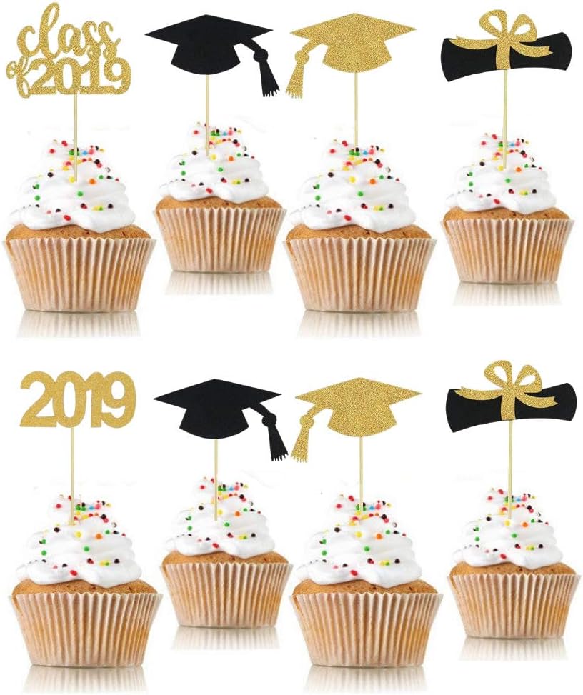 Dusenly 30pcs 2019 Graduation Cupcake Toppers Golden Glitter Class of 2019 Congrats Grads Cake Topper Picks for Graduation Party Supplies