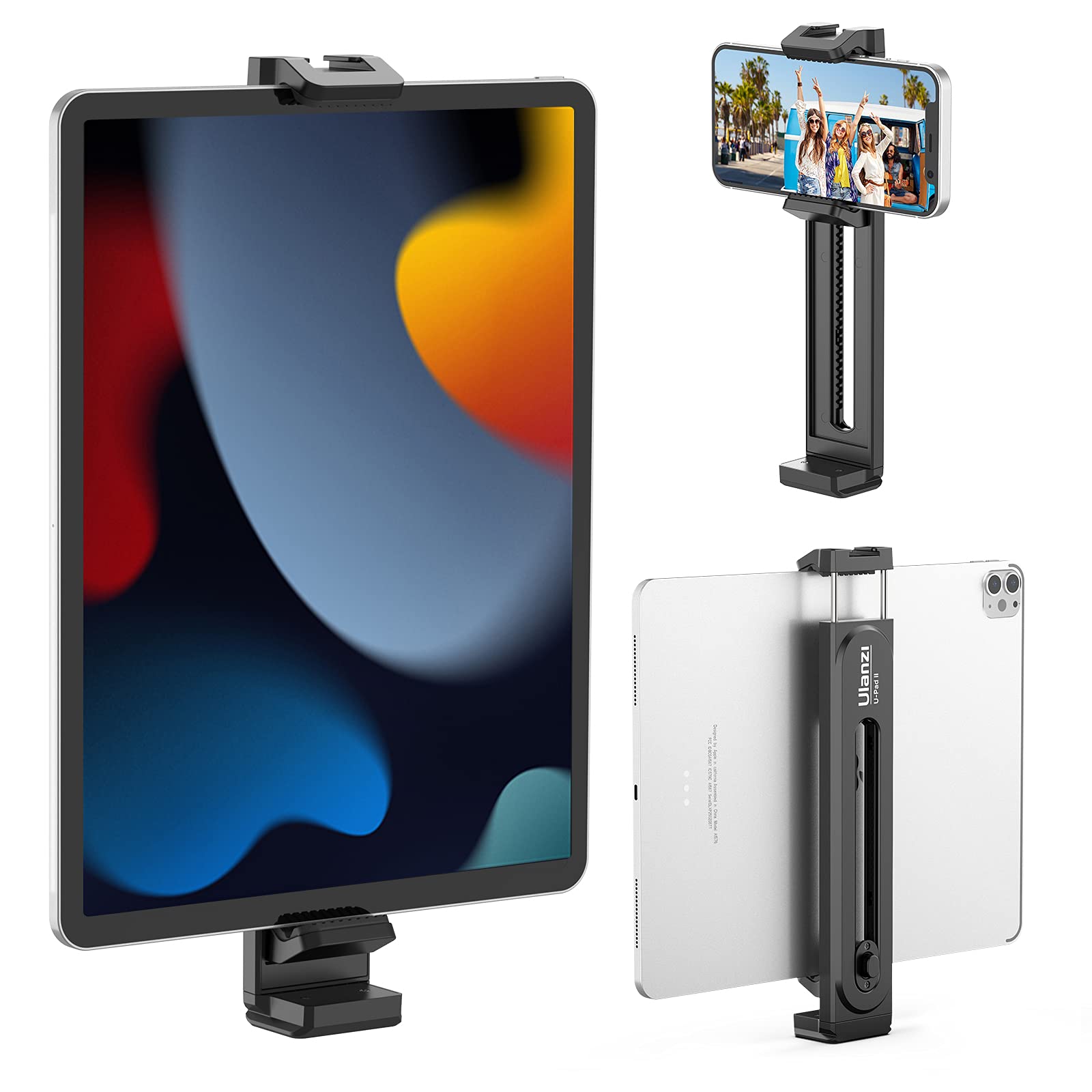 ULANZI iPad Phone Tripod Mount Adapter with Cold Shoe, Universal Smartphone Tablet Holder for Tripod with Arca Quick Release Plate 1/4'' Screw Mount, Compatible for iPhone iPad Surface Pro and More