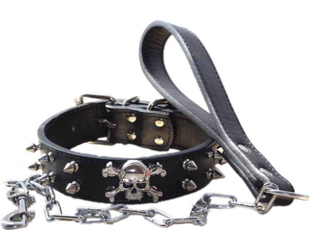 haoyueer Spiked Studded 1.2" Wide Leather Dog Collar Chain Leash Combo Set for Medium Large Pitbull Husky Mastiff Terrier (M, Black)