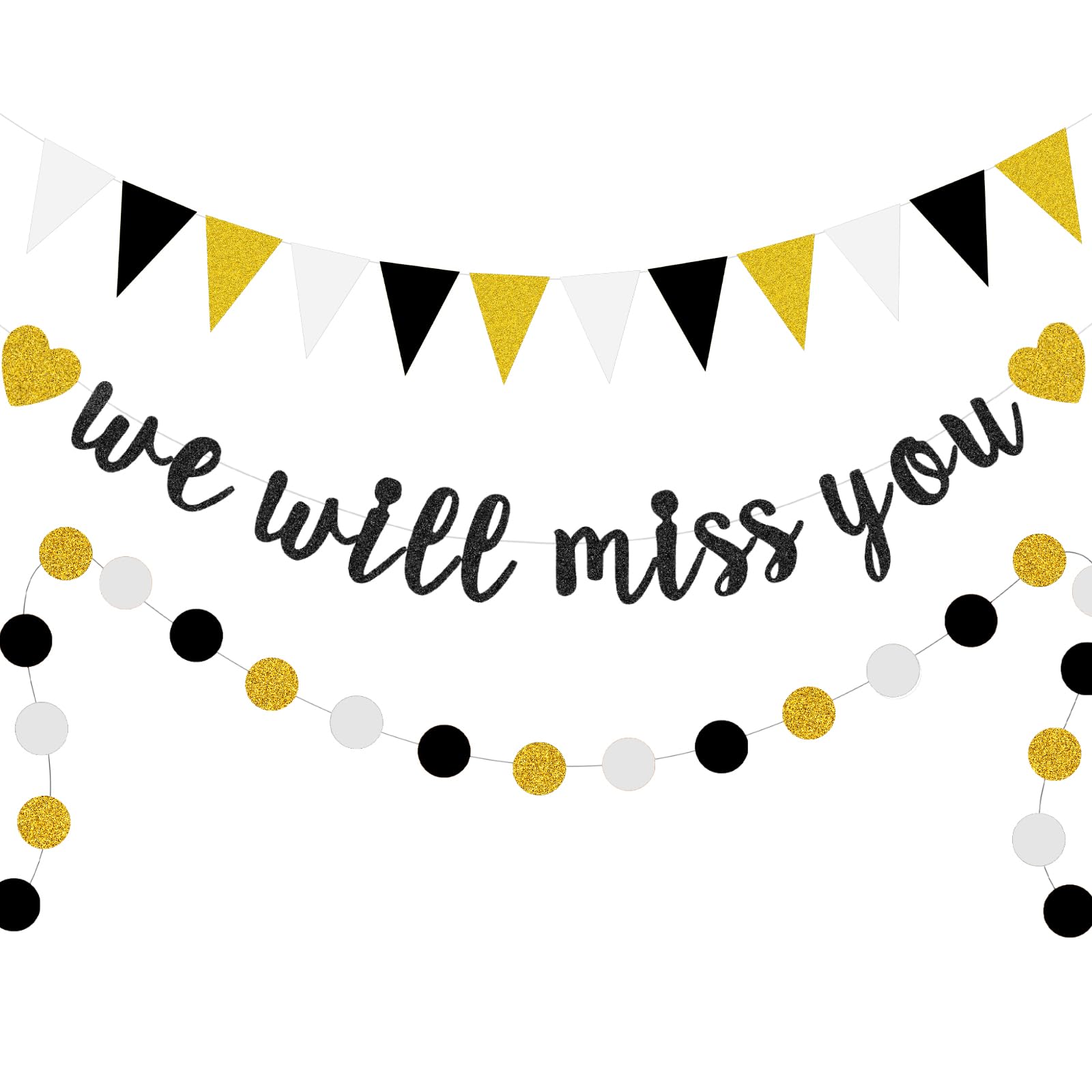 Glitter We Will Miss You Banner+2m Paper Gold Black Circle Dots Hanging Garland Kit+1 Pack Triangle Flag Bunting Going Away Farewell Banner for Women Man Retirement Party Decoration Home Indoors