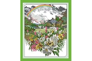 Maydear Cross Stitch Kits Stamped Full Range of Embroidery Starter Kits for Beginners DIY 11CT 3 Strands - The After rain Rainbow Flowers 16.5×20.1（inch）