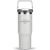 Insulated tumbler with lid and straw,tumbler with handle and flip straw cup traveler 30 oz water bottle mug Vacuum Sealed Cupholder Friendly BPA-Free Leak-Proof (White)