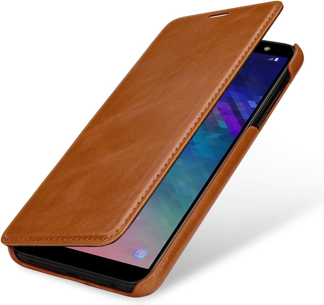 StilGut Book Type Flip Case for Galaxy A6 Plus/A6+ 2018, Genuine Leather Samsung Galaxy A6 Plus Case, Cognac Brown