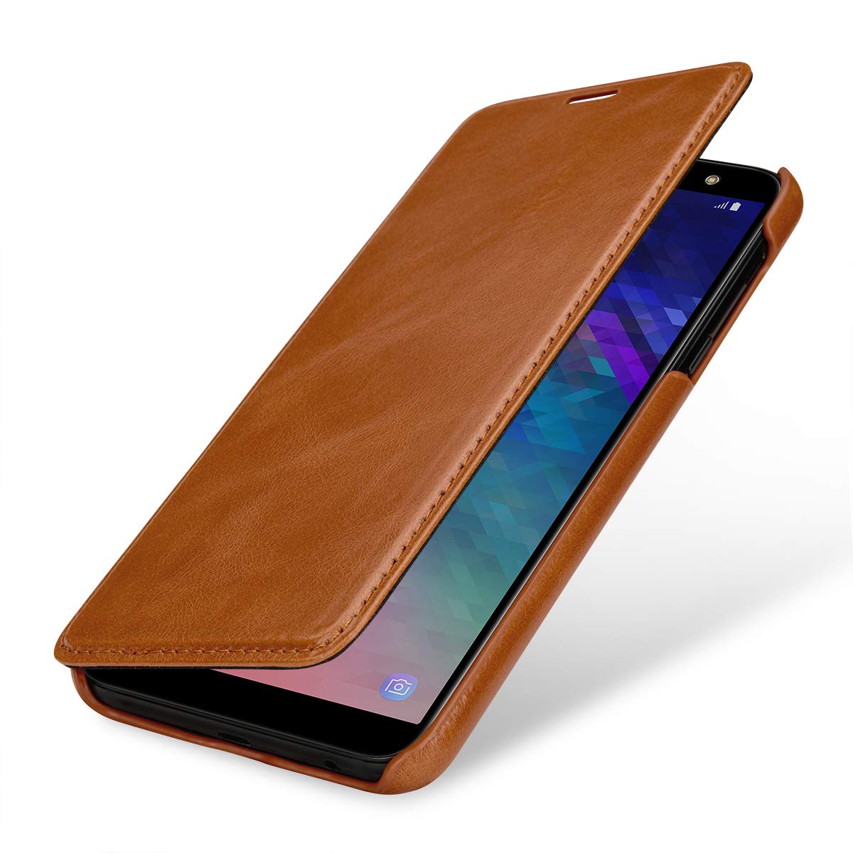 StilGut Book Type Flip Case for Galaxy A6 Plus/A6+ 2018, Genuine Leather Samsung Galaxy A6 Plus Case, Cognac Brown