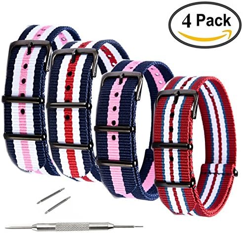 Demes 4 Pack Nylon Watch Strap - Choice of Colors &amp; Widths 18mm or 20mm - Premium Ballistic Nylon Watch band with Black Stainless Steel Buckle