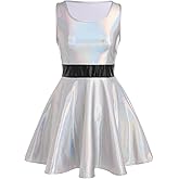 IDOPIP Women's Shiny Metallic Dress Sexy Sleeveless Skater Mini Dress Holographic Party Rave Dance Clubwear Halloween Costume