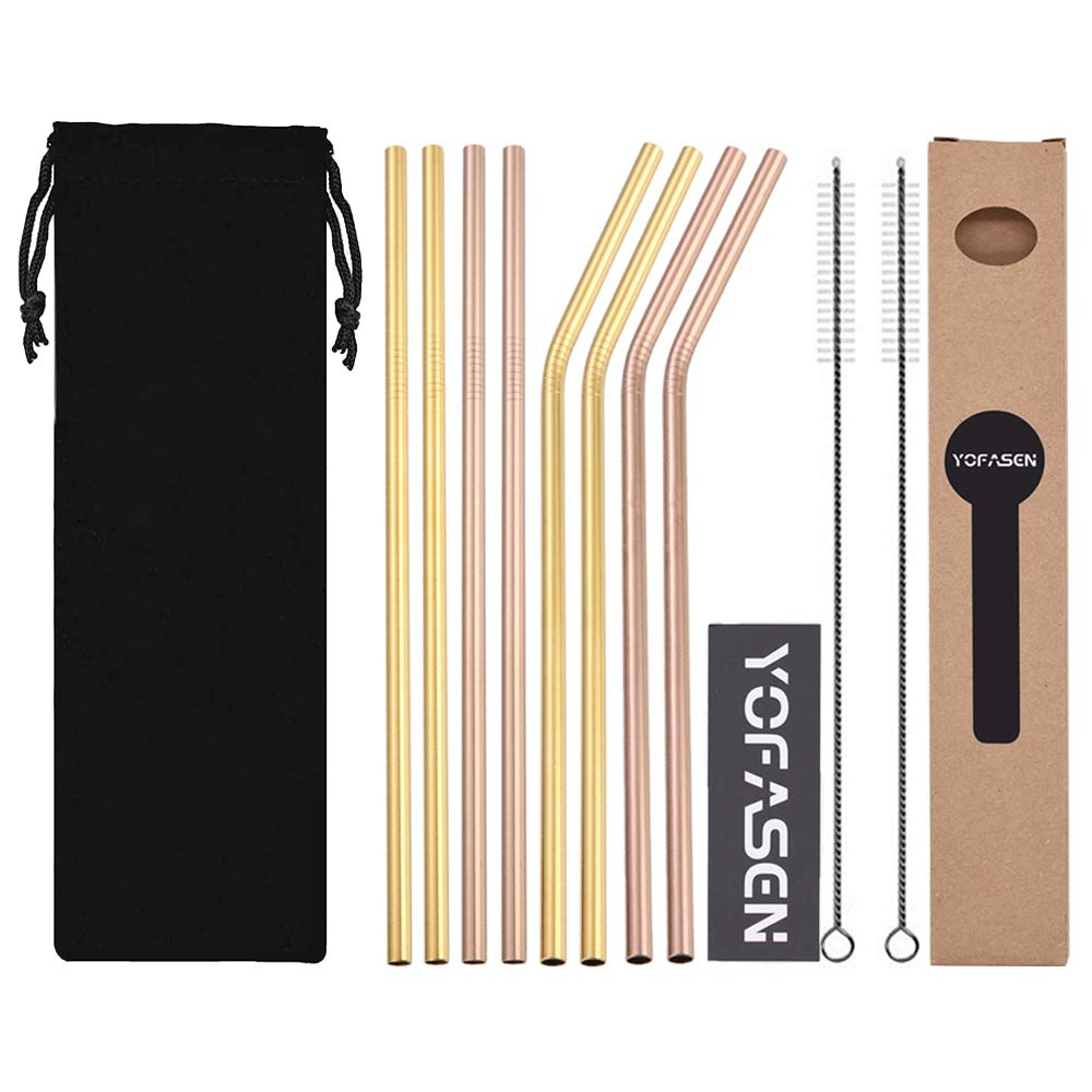 YOFASEN Reusable Straws Set - Metal Straws Multicolor Stainless Steel Straws 8.5 inch Drinking Straws for Cocktails Smoothies Hot Drinks, Style 2 - Set of 8