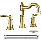 WINKEAR Roman Bathroom Sink Faucet 3 Holes Brushed Gold 2 Handle Widespread 8 inch Deck Mount Installation with Overflow Pop Up Drain Assembly and Water Supply Lines