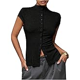 GORGLITTER Women's Button Up Ribbed Knit T Shirt Tight Fitted Short Sleeve Mock Neck Basic Tees Going Out Trendy 2025