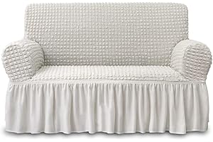 NICEEC Loveseat Slipcover Ivory Loveseat Cover 1 Piece Easy Fitted Sofa Couch Cover Universal High Stretch Durable Furniture Protector Love Seat with Skirt Country Style (2 Seater Ivory)