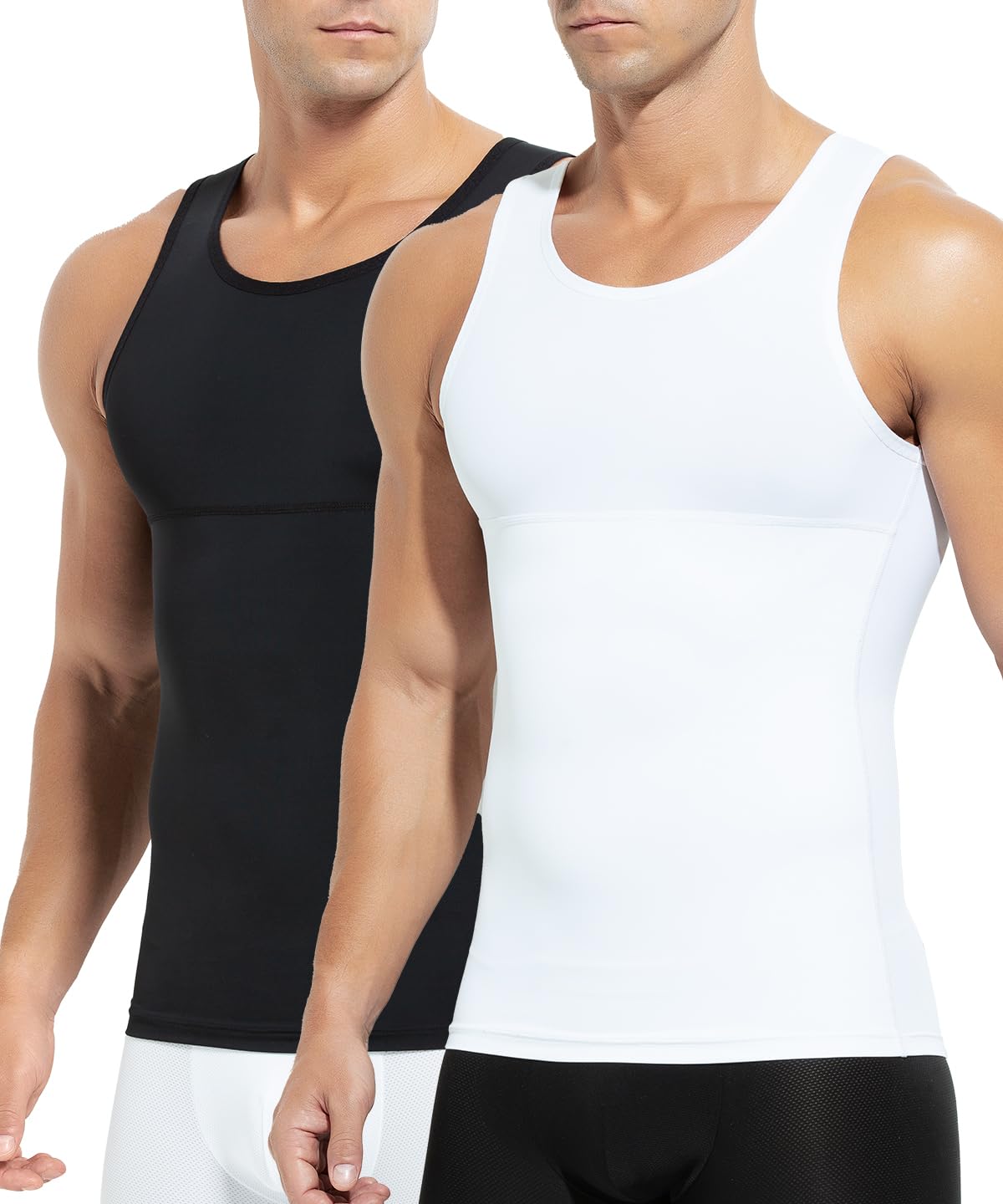 Photo 1 of Arjen Kroos Men's Compression Shirts Abdominal Control Tank Top Ice Silk Shapewear Seamless Body Shaper,Black+White,Large