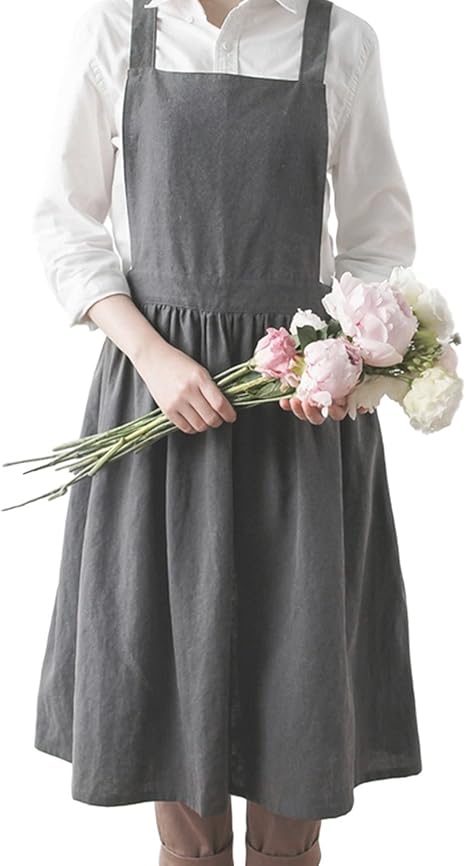 Amazon Saniqueen G レディースエプロン H型 シンプル フリル裾 北欧風 オシャレエプロン 無地 薄手 着丈100cm チャコール エプロン オンライン通販