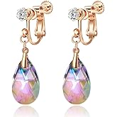 Teardrop Austrian Crystal Drop Clip On Dangle Earrings for Women Non Pierced 14K Rose Gold Plated Hypoallergenic Jewelry