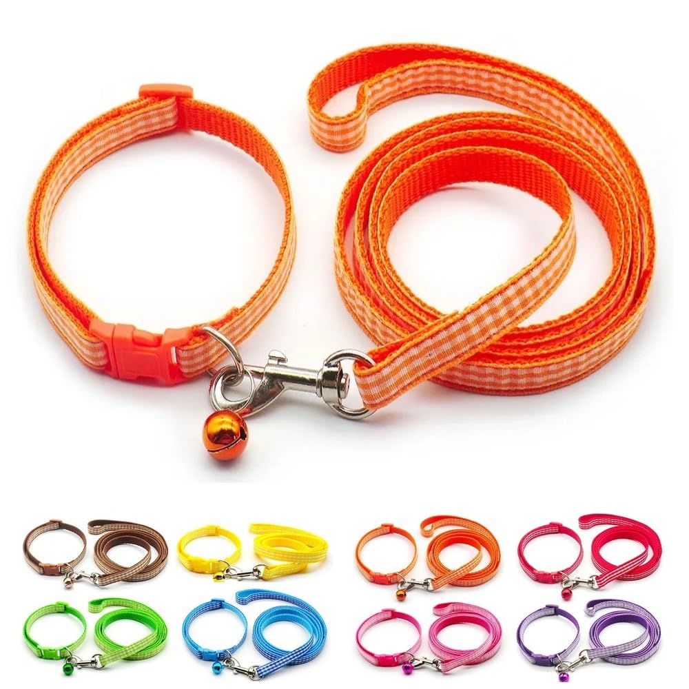 Small Dog Puppy Pet Collar and Lead Set Check Design Nylon Adjustable Size 19-32cm Collar with Bell and 120cm Leash Orange