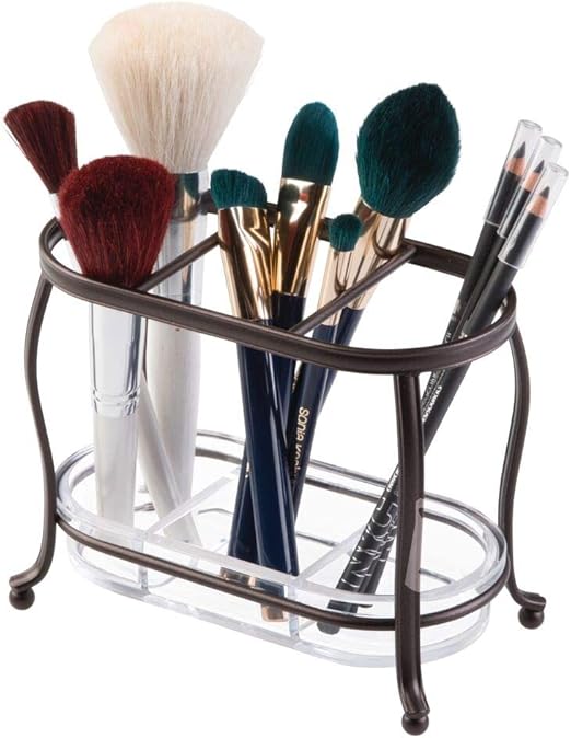 Amazon Com Mdesign Decorative Makeup Brush Storage Organizer Tray Stand For Bathroom Vanity Counter Tops Dressing Tables Cosmetic Stations 3 Sections With Removable Bottom Tray Bronze Clear Home Kitchen