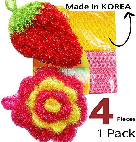 NO Mildew / Odor Free 4–piece 1 pack / 2 Dish Scrubber and 2 Dish Cloth for Dish Washing Made in Korea NO Mildew Odor like sponges ,Durable, Scratch Free and Easy to Rinse and Dry LessBacteria