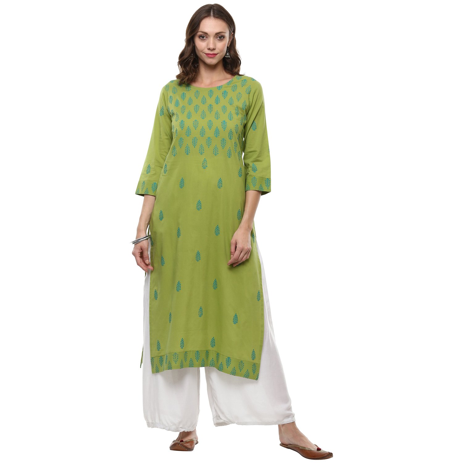 rajmandirfabrics women's cotton straight hand block printed kurti (mahendi)