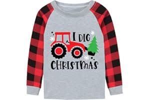DDSOL Toddler Boy Girl Ugly Christmas Digger Dinosaur T-Shirt Red Plaid Raglan Long Sleeve Kids Xmas Tractor Clothes Tops 2-7T