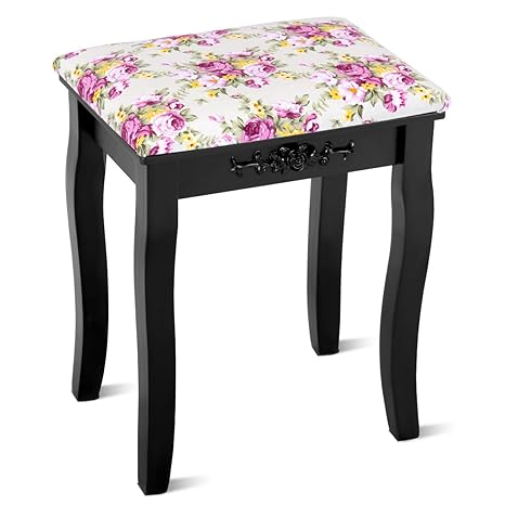 Giantex Vanity Stool Wood Dressing Padded Chair Makeup Piano Seat Make Up Bench W Rose Cushion Black