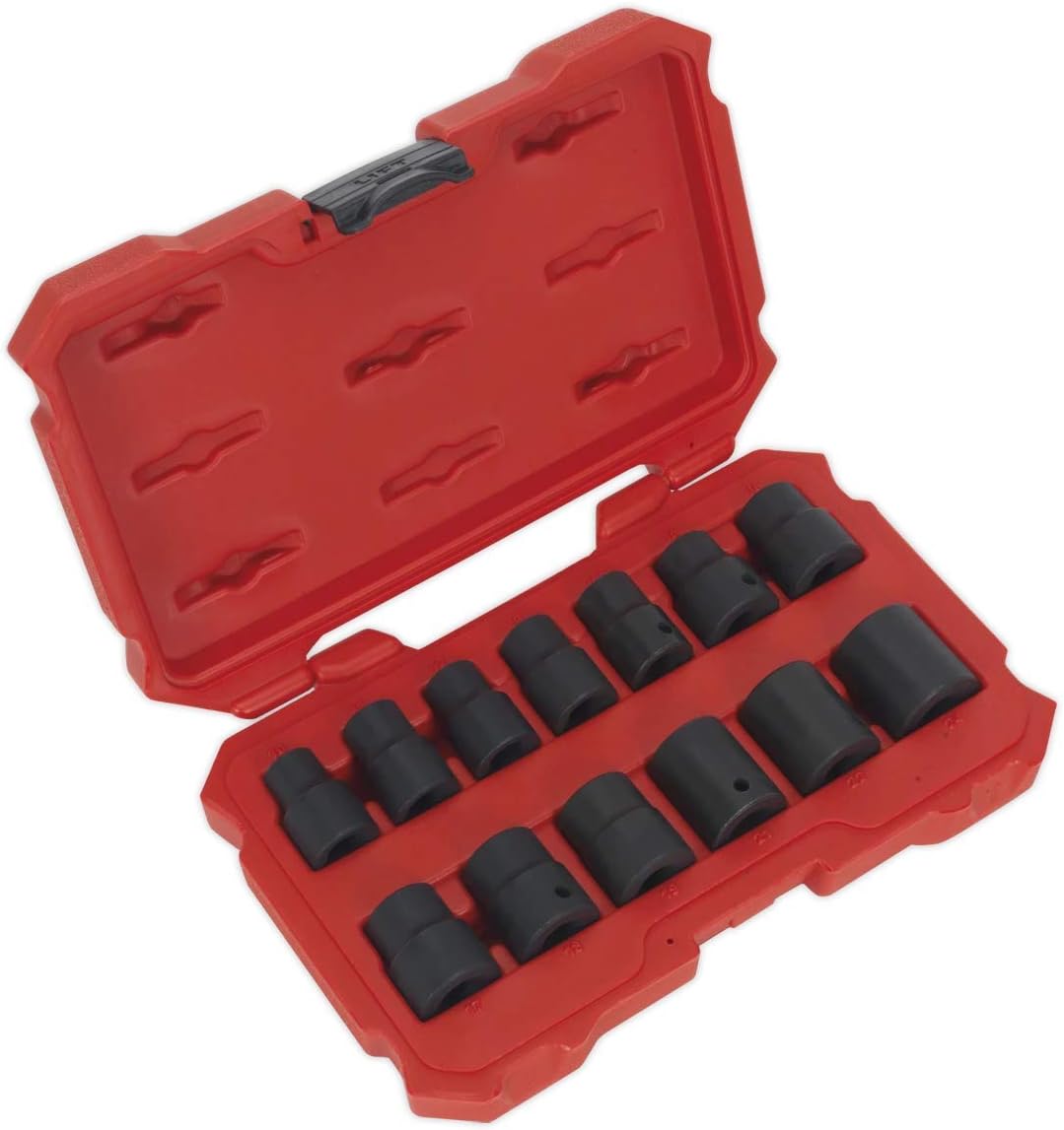 Sealey Ak5616M Impact Socket Set 13Pc 1/2In Sq Drive Lock-On? 6Pt Metric, Black, 1/2"