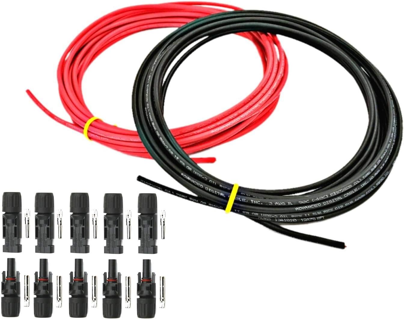 WNI 10 AWG 10 Gauge 50 Feet Black + 50 Feet Red Solar Panel PV Wire Cable + 5 Pairs of Solar Connectors MADE IN THE USA