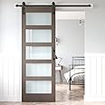ROYMELO 30x84 Inch Glass Sliding Barn Door Slab and 5.5ft Hardware Kit Included, 5 Frosted Glass, LVL Wood Panel Covered with Elephant Gray Water-Proof Scratch-Proof PVC Surface, Simple DIY Assembly
