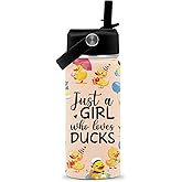 FAIVHSO Duck Gifts, 16 oz Water Bottle with Straw Lid, Stainless Steel Insulated Water Bottle, Cute Duck Cup Gifts for Birthday Chritmas (1pcs)